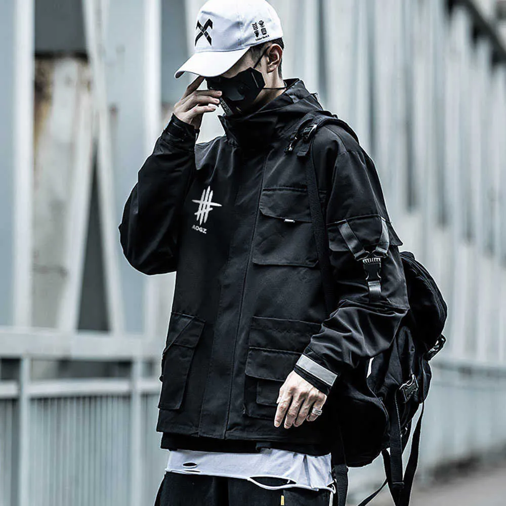 Men's Black Tech Jacket with High Collar Streetwear